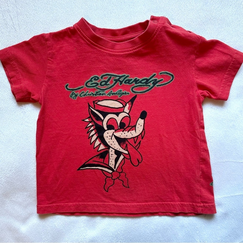 Vtg Ed Hardy Christian Audigier Sailor Wolf T-Shirt Red Wolfhead 6-12M Baby Kids